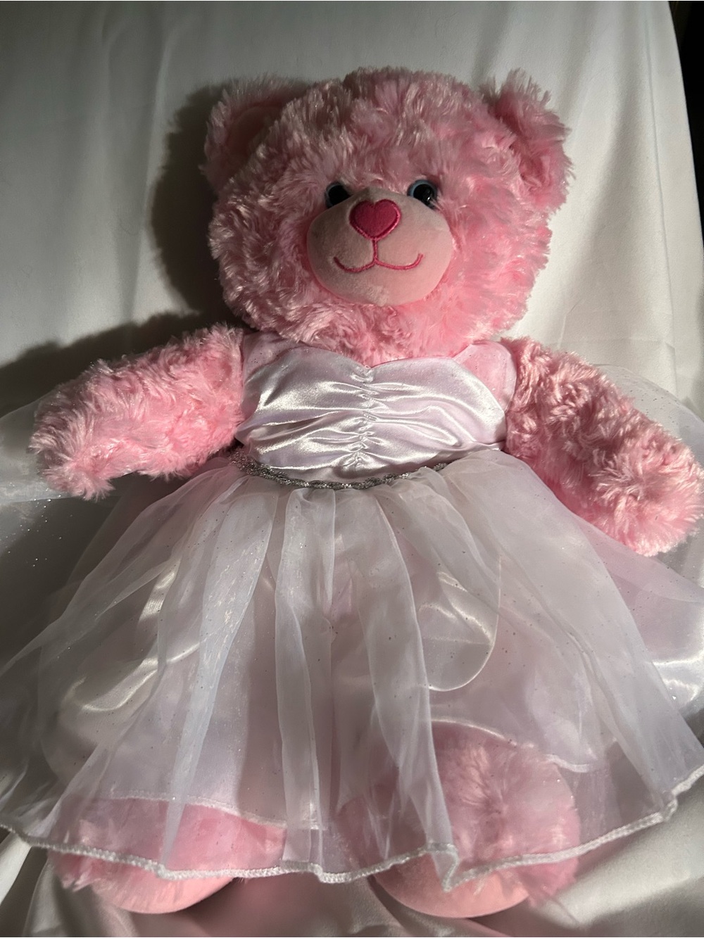 Build-A-Bear Pink Plush Teddy in White Satin & Tulle Dress